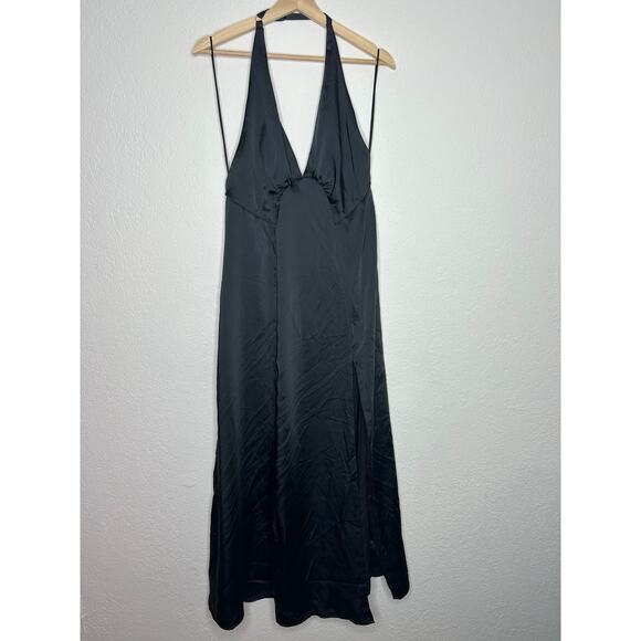 Free People Dance Till Dawn Black Satin High Slit Plunge Halter Maxi Dress M NWT - Picture 3 of 12